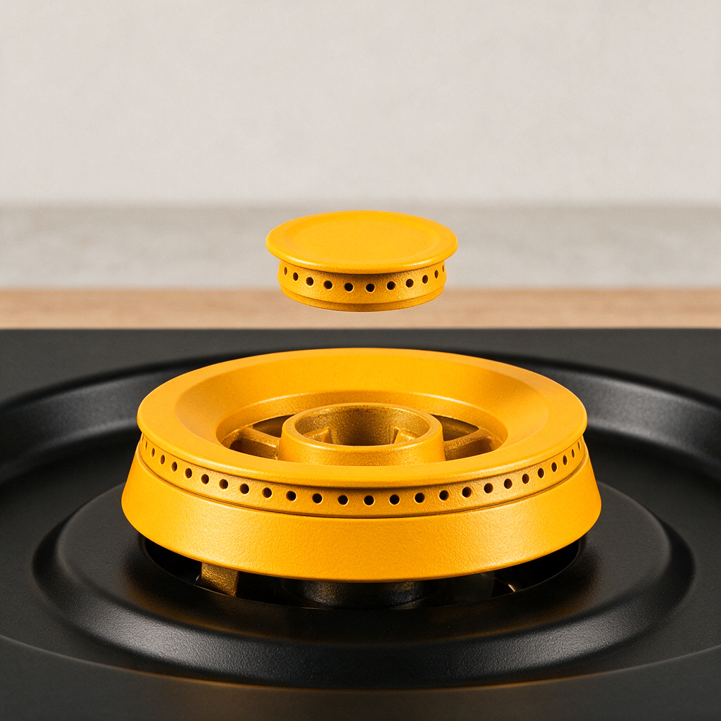 Reassembly scene showing burner head aligned properly on the gas stove base, with cap placed centered