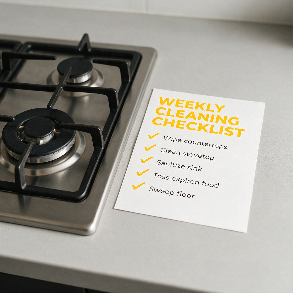 Kitchen counter scene with a simple weekly cleaning checklist beside a gas stove, clean and professional look