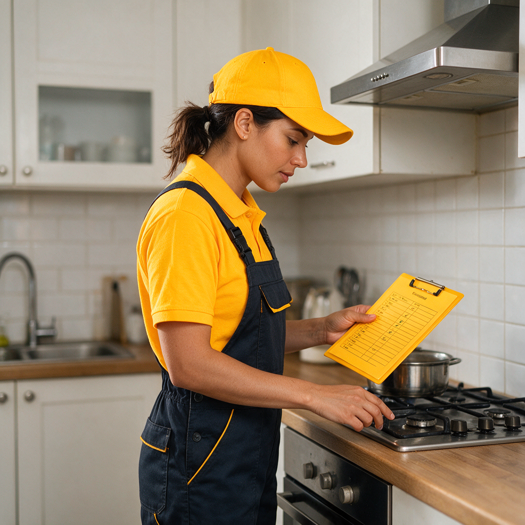 Professional cleaner in uniform inspecting a kitchen stove area with a checklist, clean and trustworthy vibe