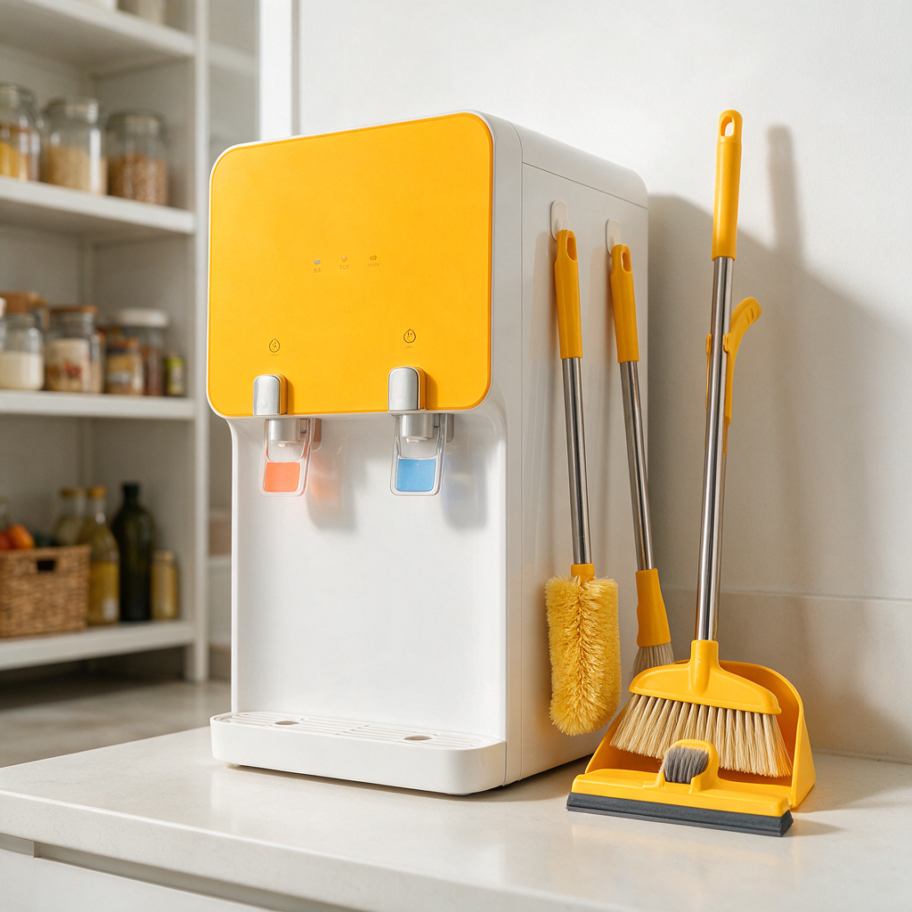 A clean hot/cold water dispenser in a bright kitchen pantry area, with cleaning tools neatly arranged beside it