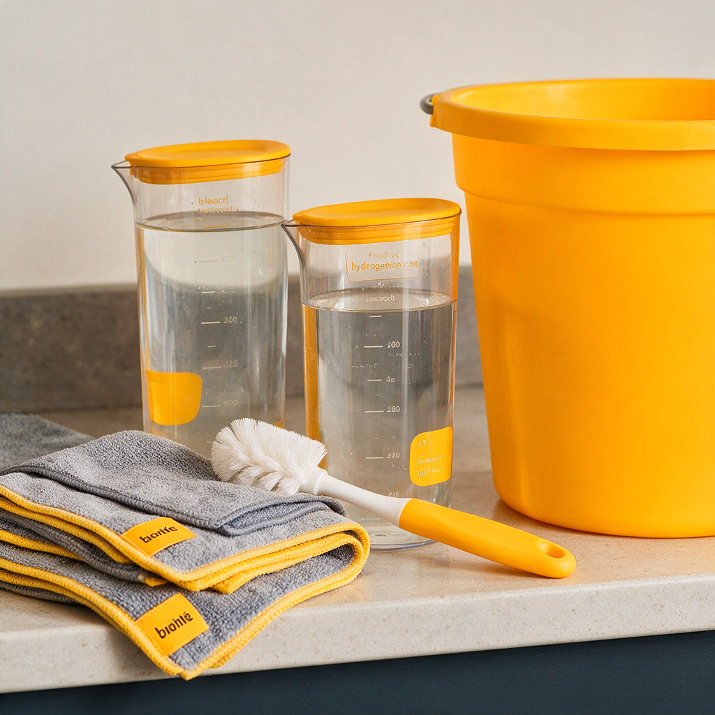 Close-up of measured unscented bleach, food-grade hydrogen peroxide, microfiber cloths, small bottle brush, and a bucket on a counter