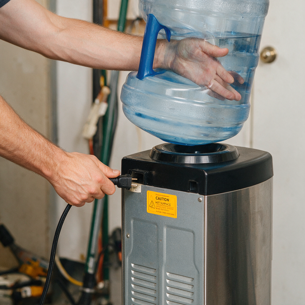 Technician hands unplugging a hot/cold water dispenser and removing the bottle, with a caution label visible