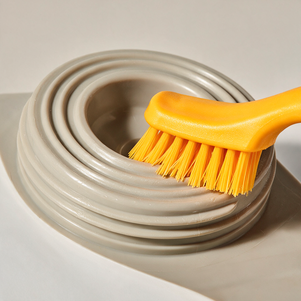 Close-up of a top-load bottle seat being scrubbed with a small brush, showing the grooves and contact surfaces