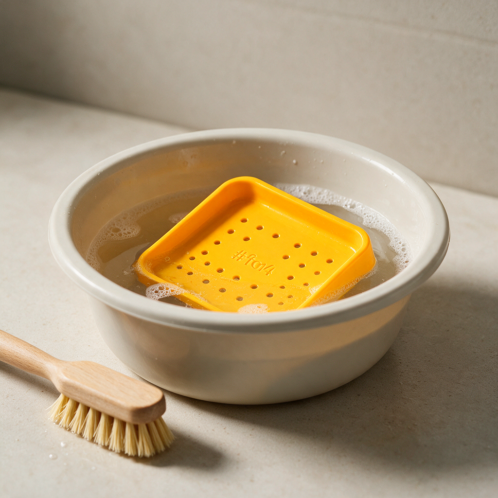 Drip tray removed from a dispenser, soaking in a basin with warm soapy water, with a brush beside it