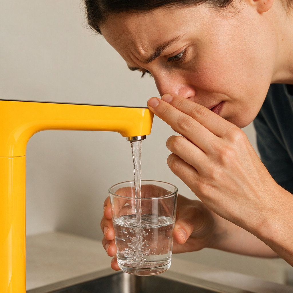 Close-up of water being dispensed into a clear glass with a person sniff-testing the water, looking concerned