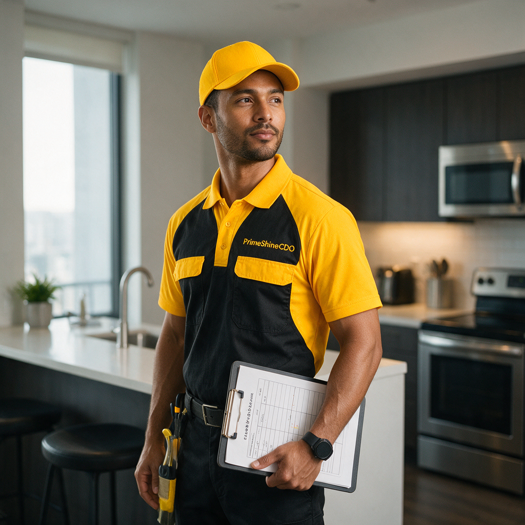 PrimeShineCDO-style cleaner in uniform carrying a checklist clipboard in a modern condo kitchen area