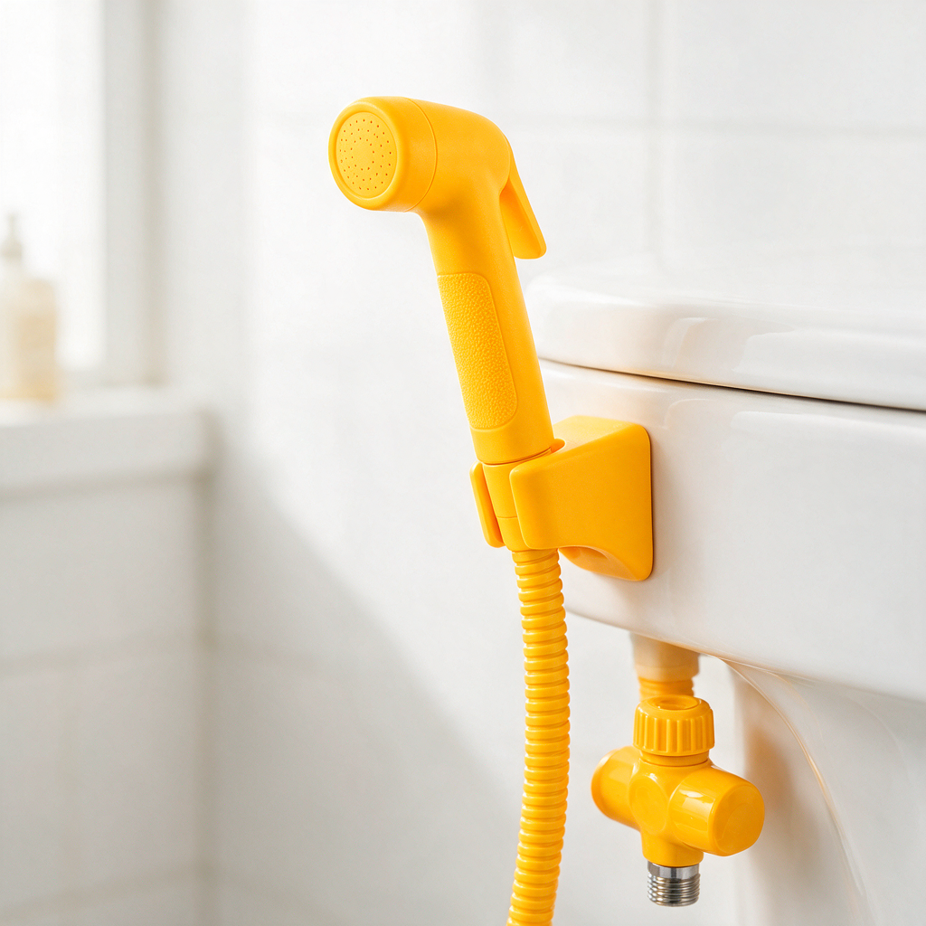 Professional close-up of a handheld bidet sprayer attached to a toilet tank with the hose and shutoff valve visible, clean bathroom lighting