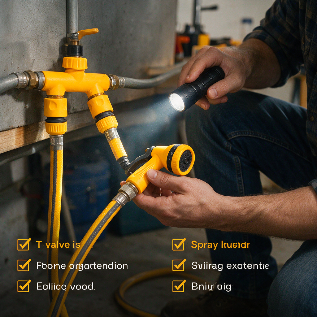 Checklist-style photo of a person inspecting hose connections at the T-valve and sprayer head with a flashlight