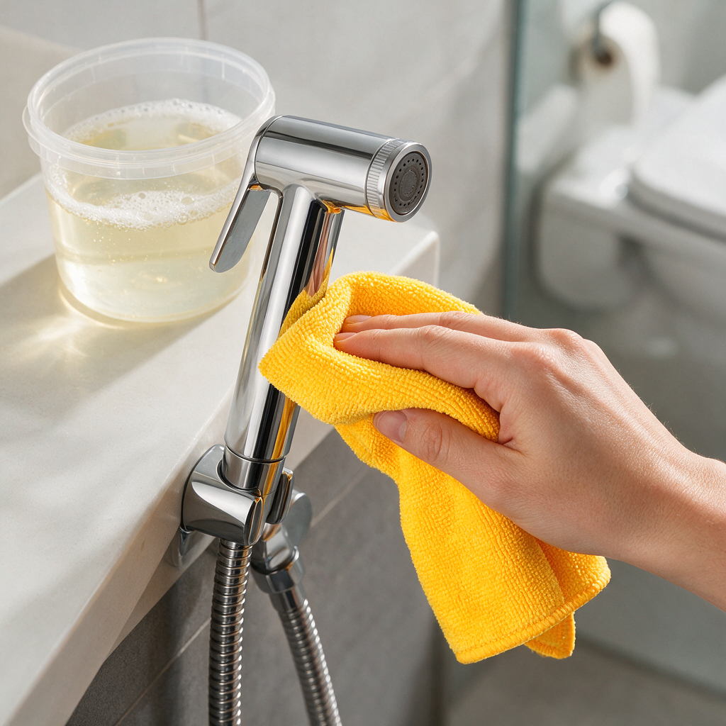 High-quality bathroom cleaning scene showing microfiber cloth, mild soap solution, and careful wiping of a bidet sprayer handle