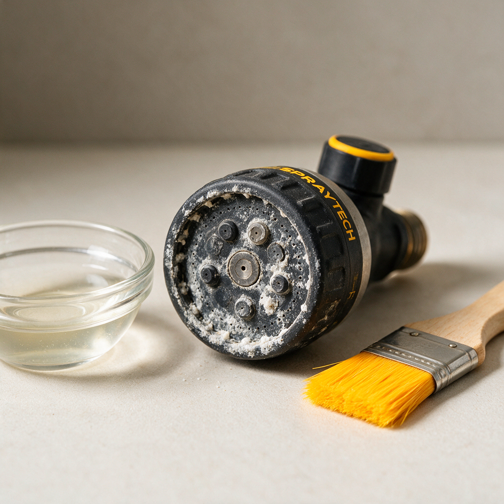 Macro photo of mineral scale on a sprayer nozzle next to a small bowl of vinegar solution and a soft brush