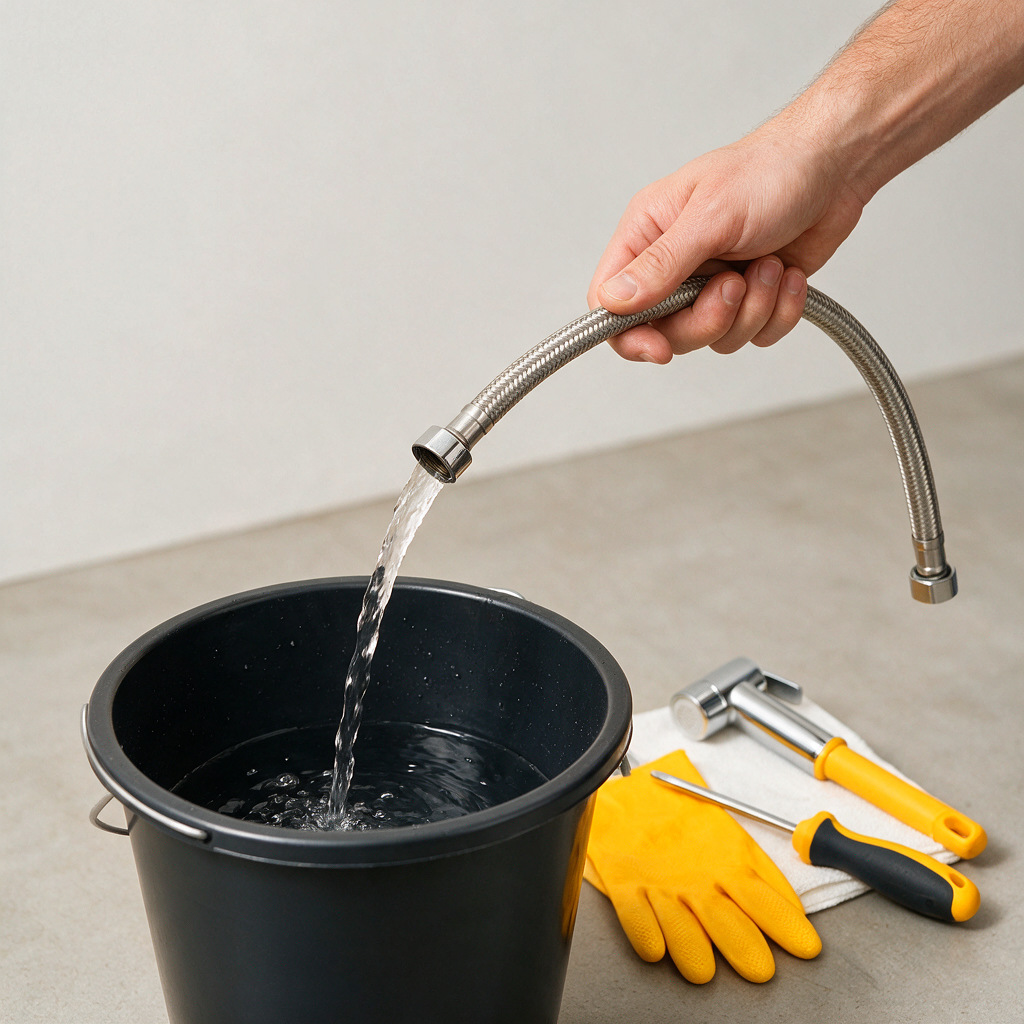 Professional photo of a bidet hose disconnected over a bucket with water draining out, showing safe handling and clean tools
