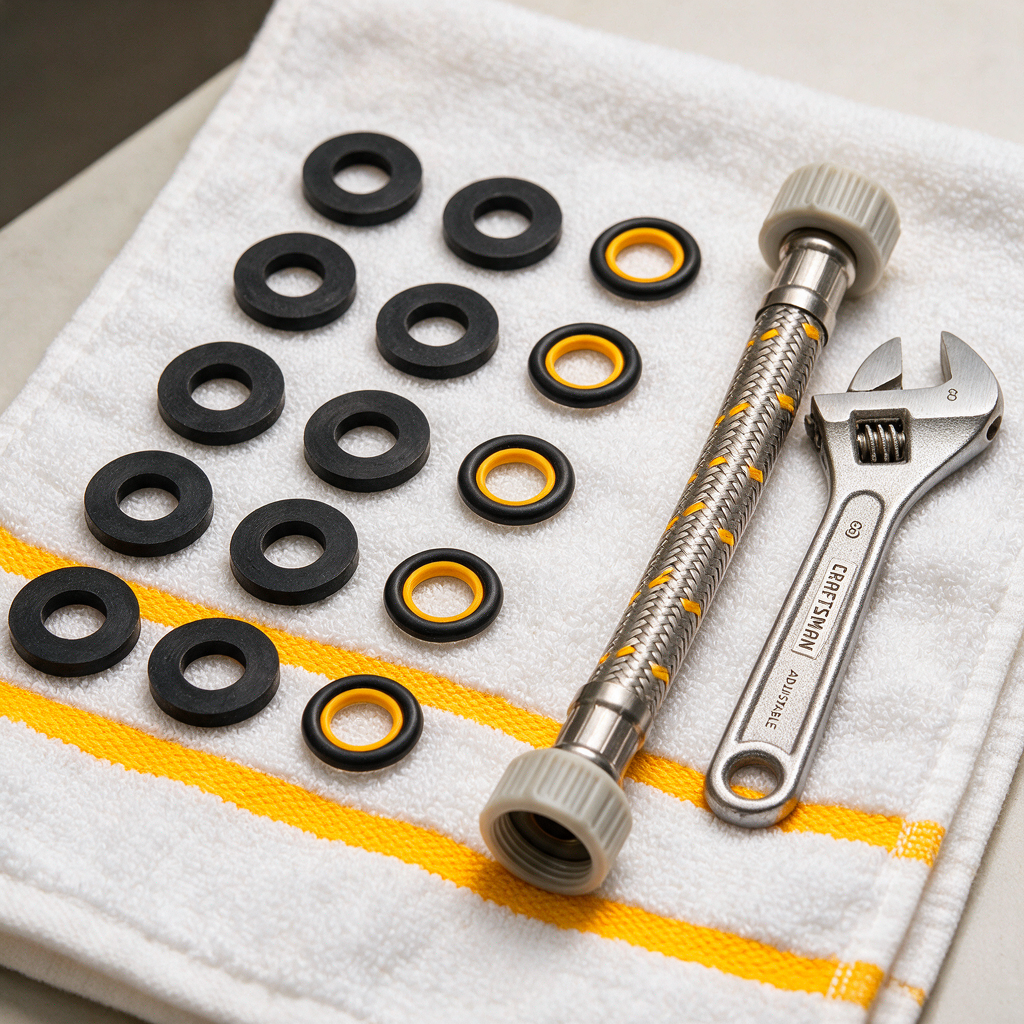 Close-up of rubber washers and O-rings laid out neatly beside a bidet hose and adjustable wrench on a clean towel