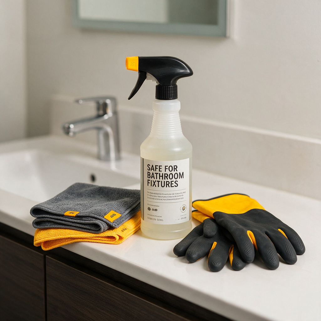 Clean bathroom sink-side setup with mild disinfectant spray labeled safe for bathroom fixtures, microfiber cloths, and gloves