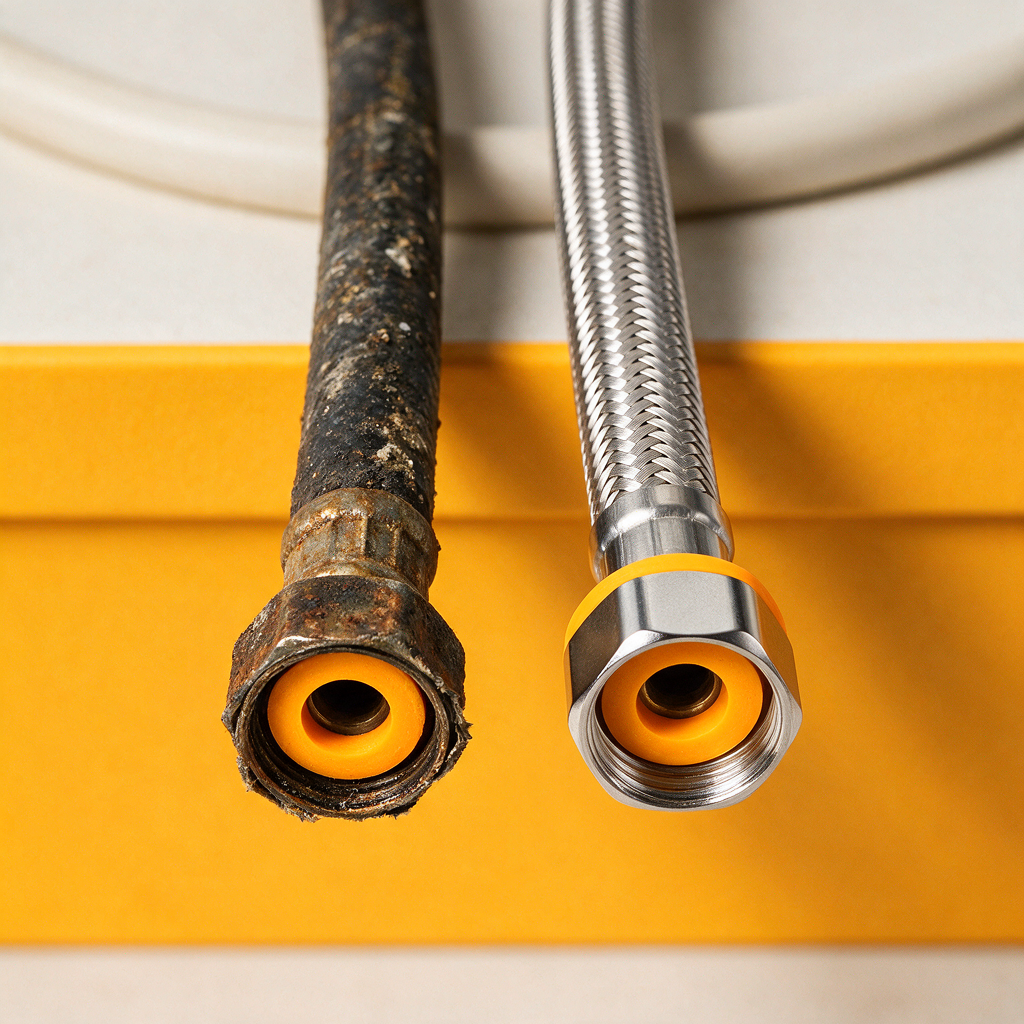 Side-by-side professional photo of an old stained bidet hose and a new stainless braided hose with fresh washers