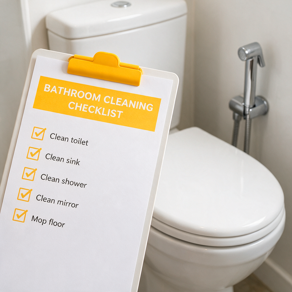 High-quality photo of a printed bathroom cleaning checklist on a clipboard beside a clean toilet and bidet sprayer