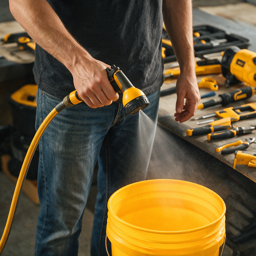 Professional photo of a person holding a sprayer head over a bucket showing weak spray pattern, with tools neatly arranged