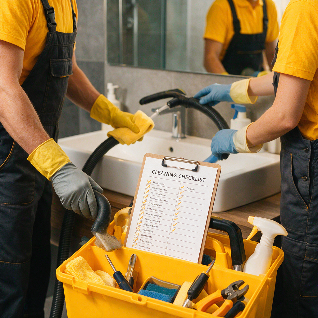 Professional team in uniforms cleaning a modern bathroom with a checklist, neatly organized tools, and protective gloves