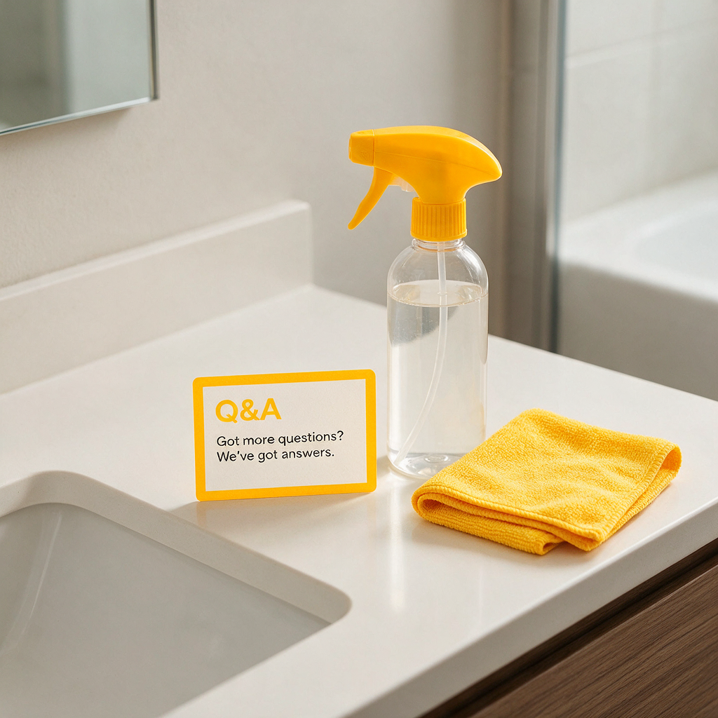 Clean, minimal bathroom countertop scene with a small Q&A card next to a sprayer and microfiber cloth