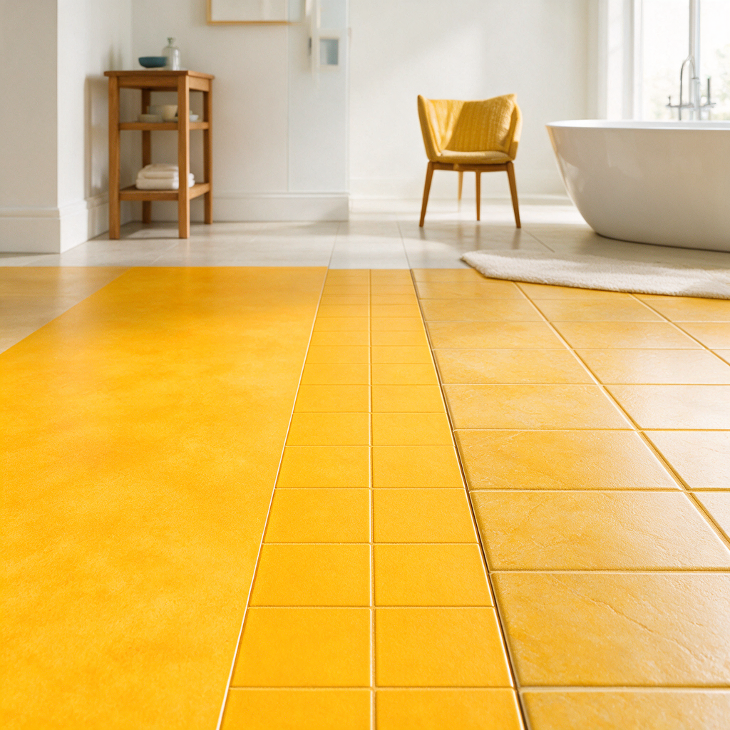 Close-up of different flooring types side-by-side—sheet vinyl, vinyl tiles, ceramic/porcelain tile with grout lines—shot in a bright, professional home setting