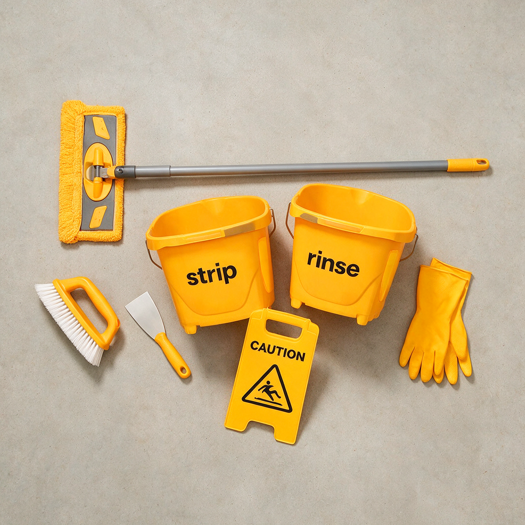 Flat-lay of floor care tools—microfiber mop, buckets labeled “strip” and “rinse,” nylon scrub brush, plastic putty knife, warning sign, gloves—clean and professional