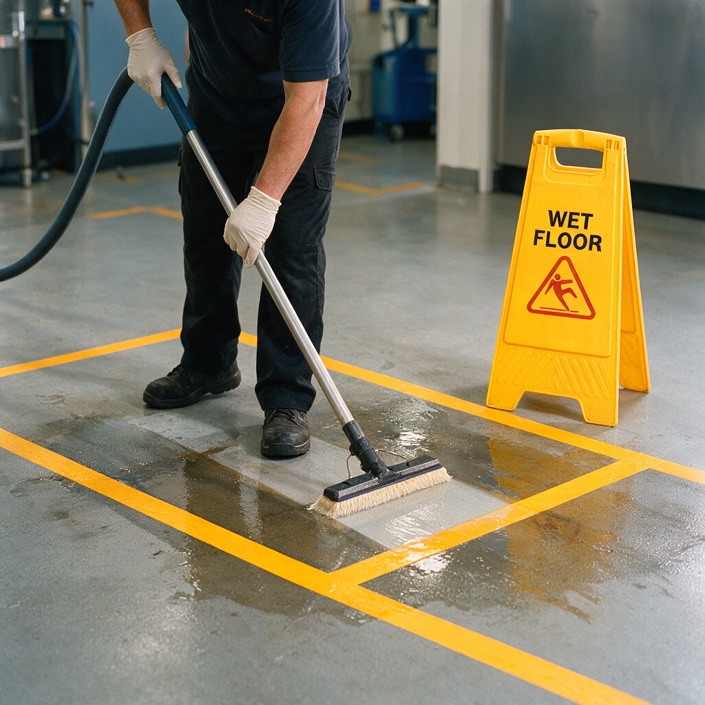 Cleaner wearing gloves mopping a small section with stripping solution, with a “wet floor” sign and clear sectioning lines on the floor