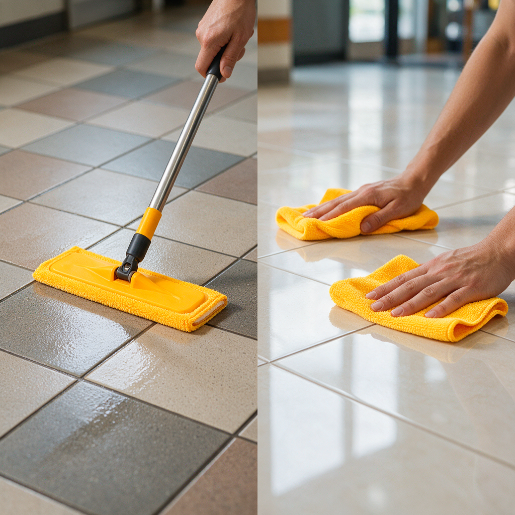 Split scene—left side: applying thin coats of floor finish on VCT with a microfiber flat mop; right side: clean ceramic tile floor being buffed dry with microfiber cloths