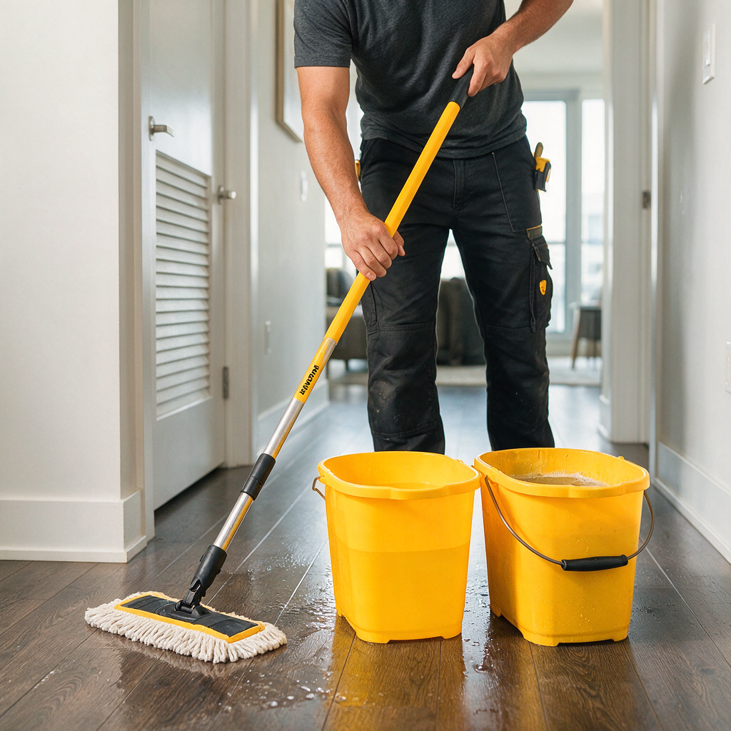 Professional cleaner doing damp mopping with a “two-bucket method” in a bright condo hallway, showing clean water and used water buckets