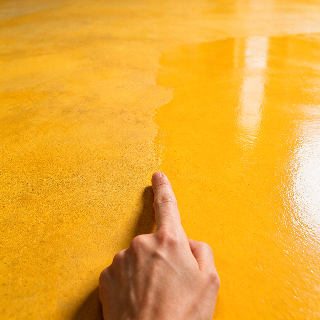 Close-up of a patchy floor finish showing dull and shiny areas with a hand pointing at the difference, professional lighting