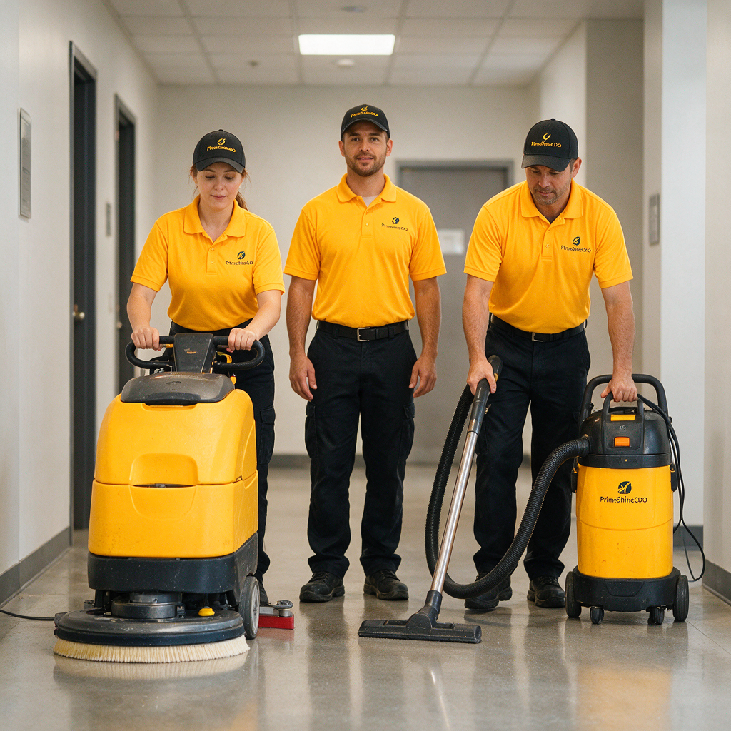 PrimeShineCDO-style team in uniforms using a floor machine and wet vacuum in a commercial hallway, neat and professional