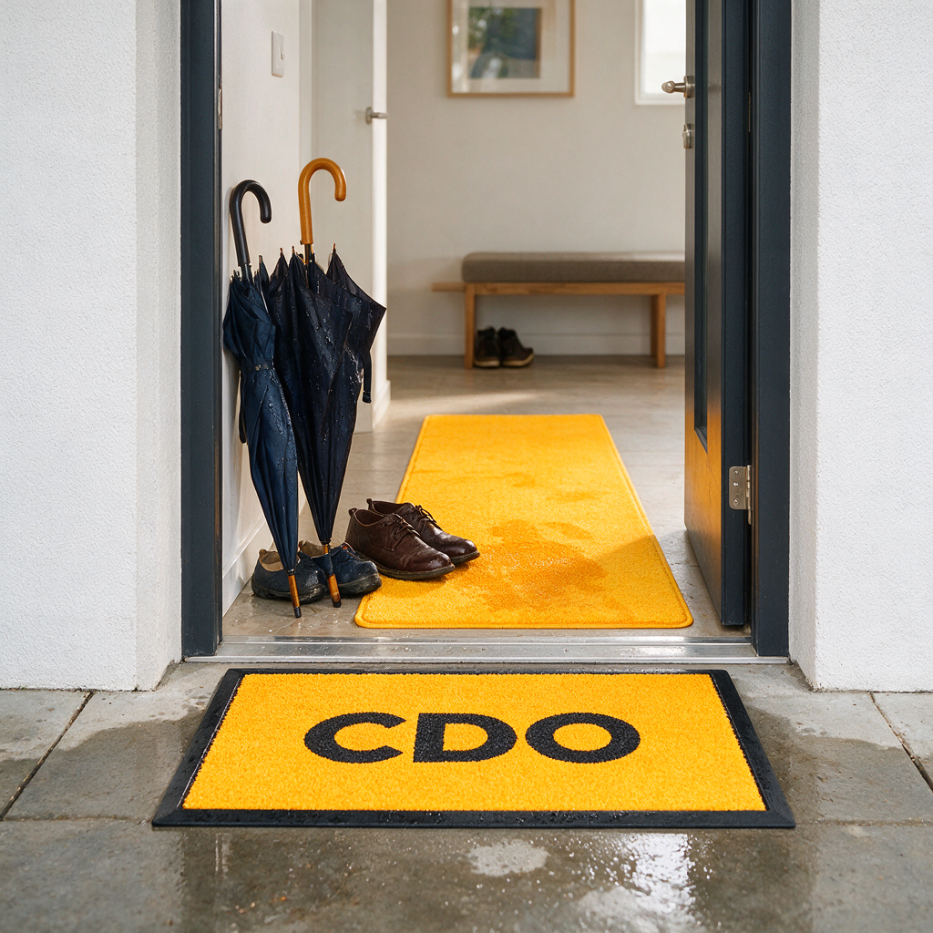 A modern CDO home entryway with an outdoor scraper mat at the doorstep and an indoor absorbent runner, with wet umbrellas and shoes neatly contained