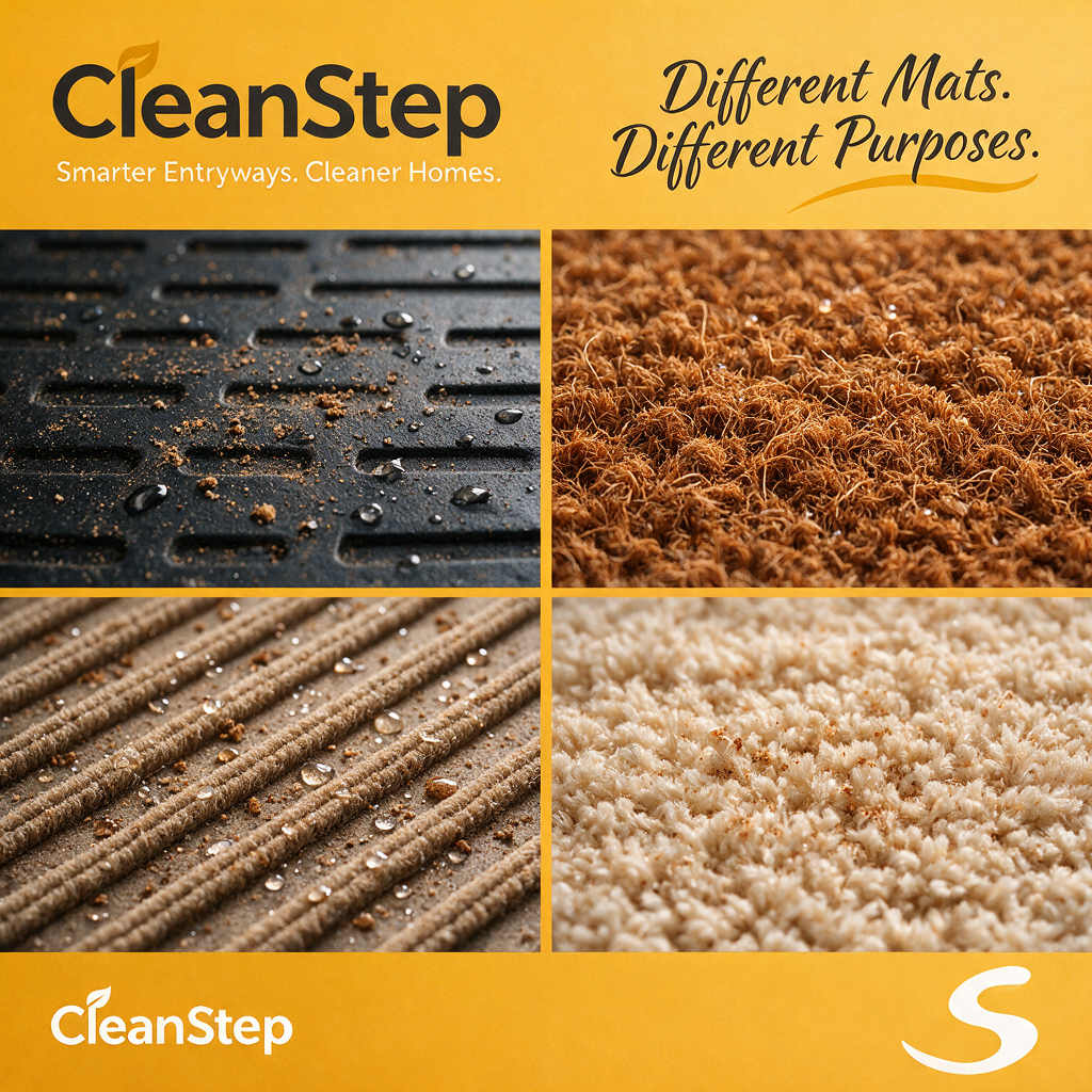 Close-up grid of different mat materials—rubber, coir, polypropylene, microfiber—shown with water droplets and dirt for texture