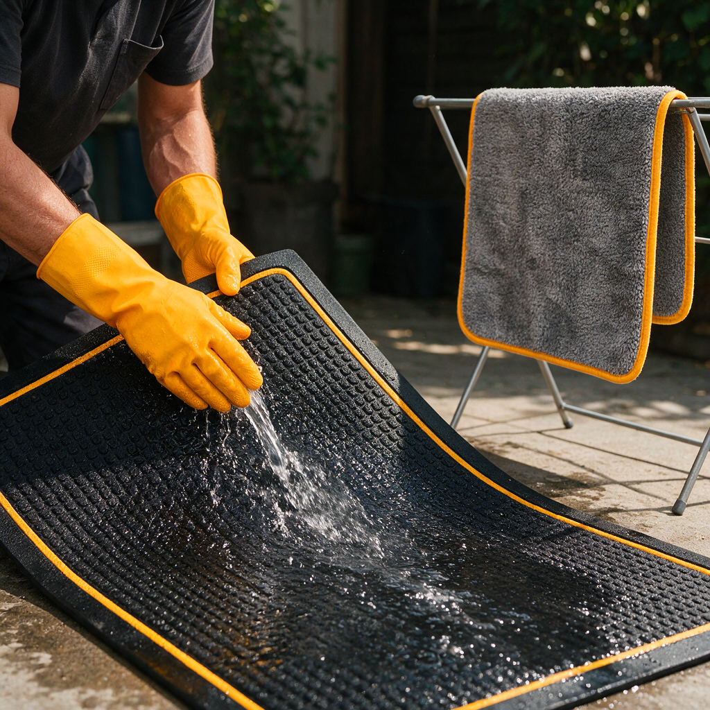 A cleaner’s hands rinsing a rubber mat outdoors while a microfiber indoor mat air-dries on a rack in shaded ventilation