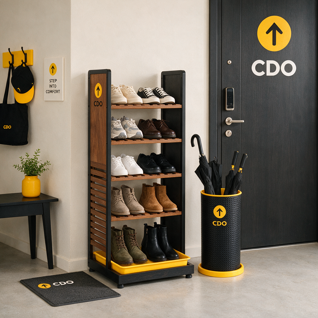 A compact shoe storage setup with a ventilated rack, drip tray, and an umbrella stand beside a CDO condo door
