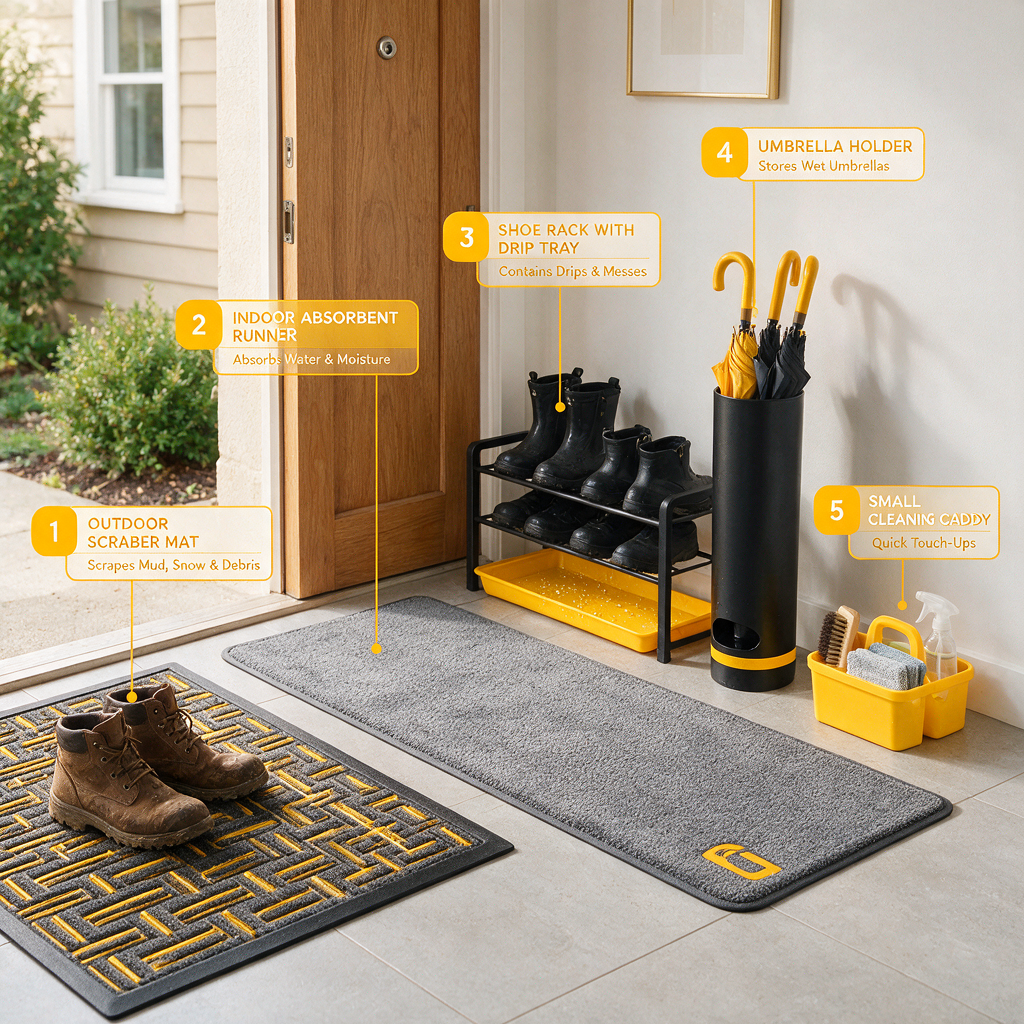 A labeled layout diagram-style photo showing zones: outdoor scraper mat, indoor absorbent runner, shoe rack with drip tray, umbrella holder, and a small cleaning caddy