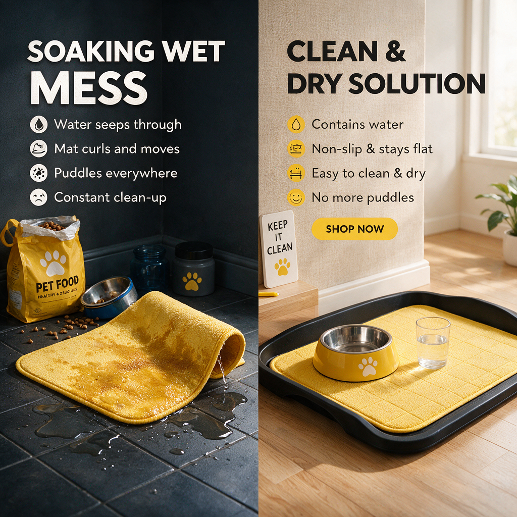 Split image showing a curled, soaking wet mat causing puddles vs. a flat, non-slip mat with a clean drip tray setup