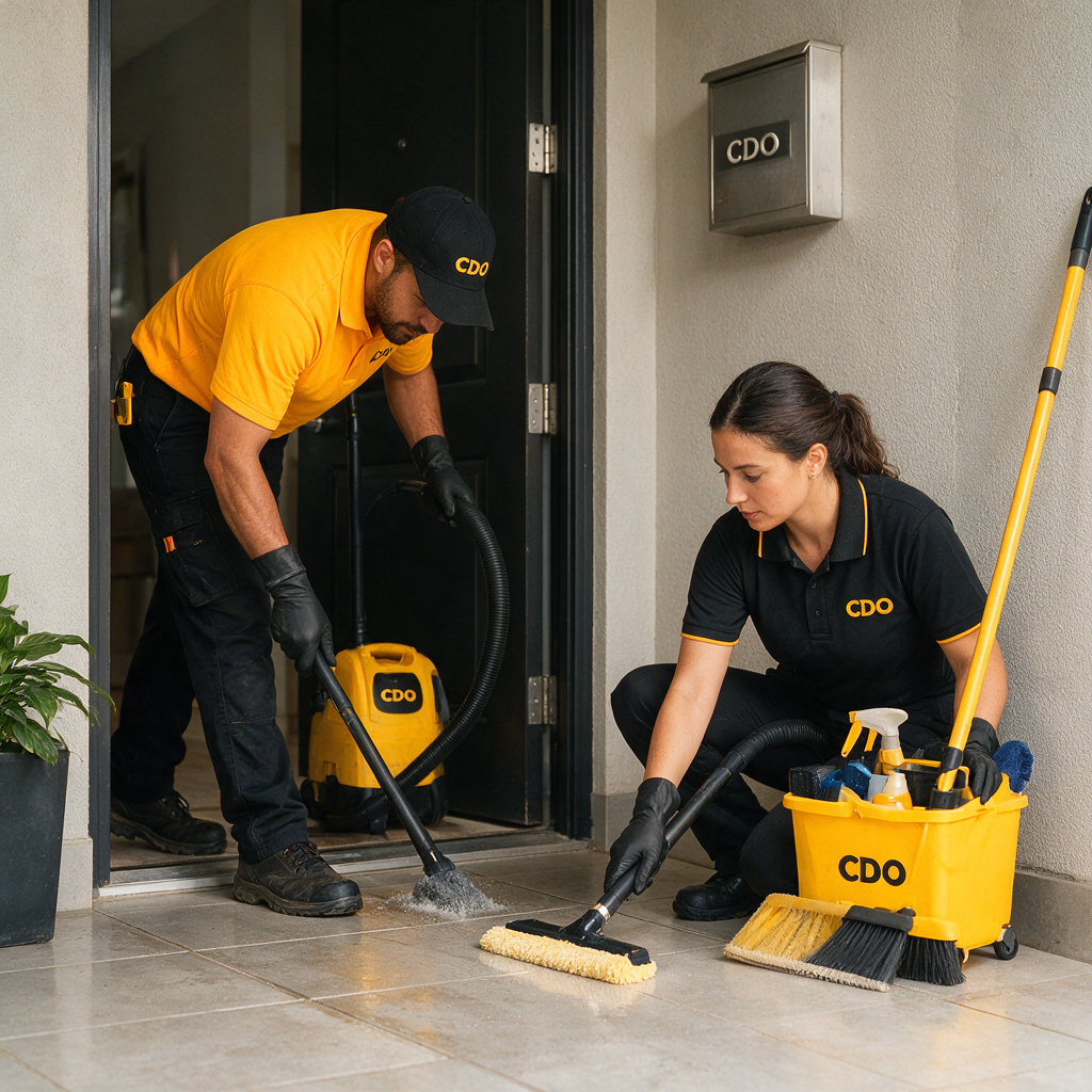 Professional cleaners in uniform performing detailed floor and entryway cleaning in a CDO home, with tools neatly organized