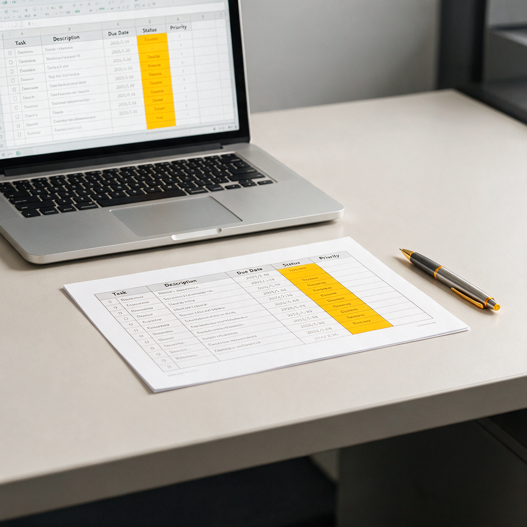 A desk scene with a laptop showing a spreadsheet checklist, a printed logbook sheet, and a pen—clean, professional lighting