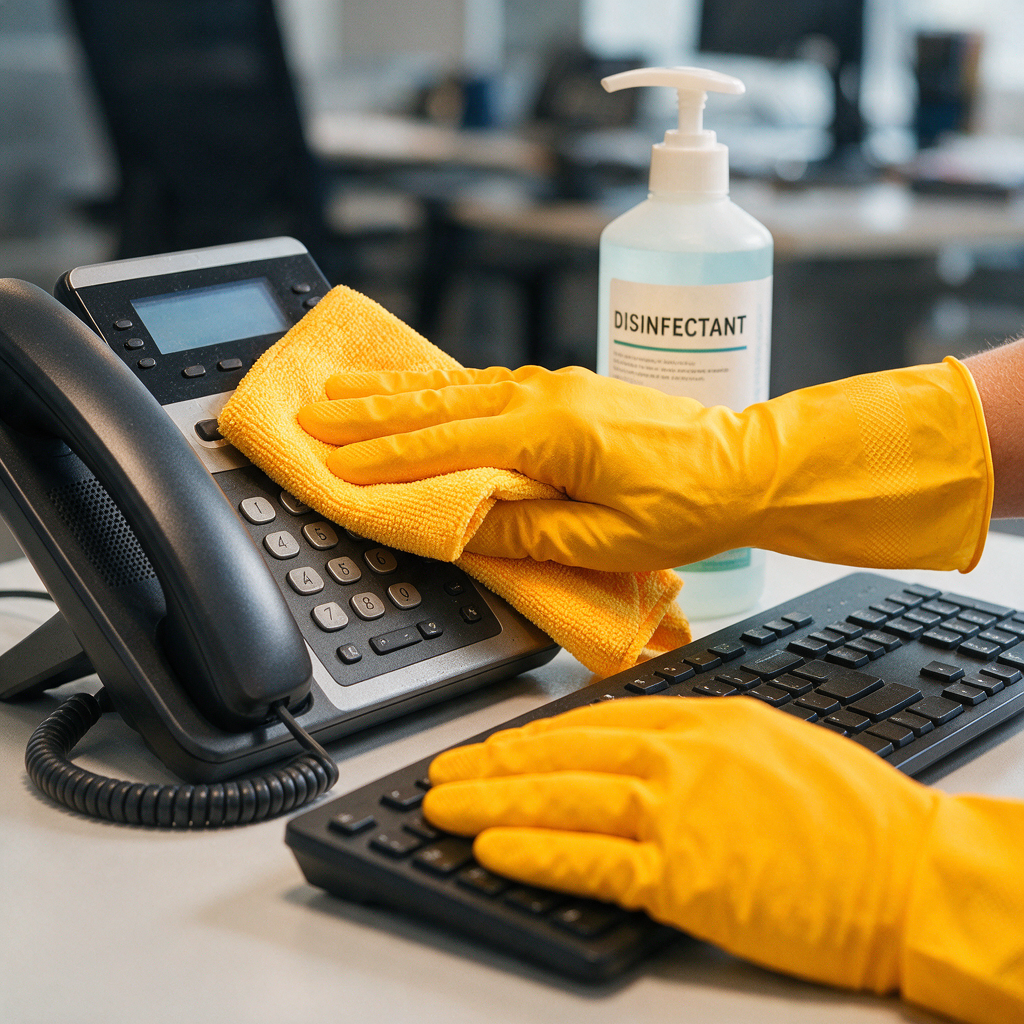 A close-up of gloved hands wiping a desk phone and keyboard with a microfiber cloth, with a labeled disinfectant bottle nearby