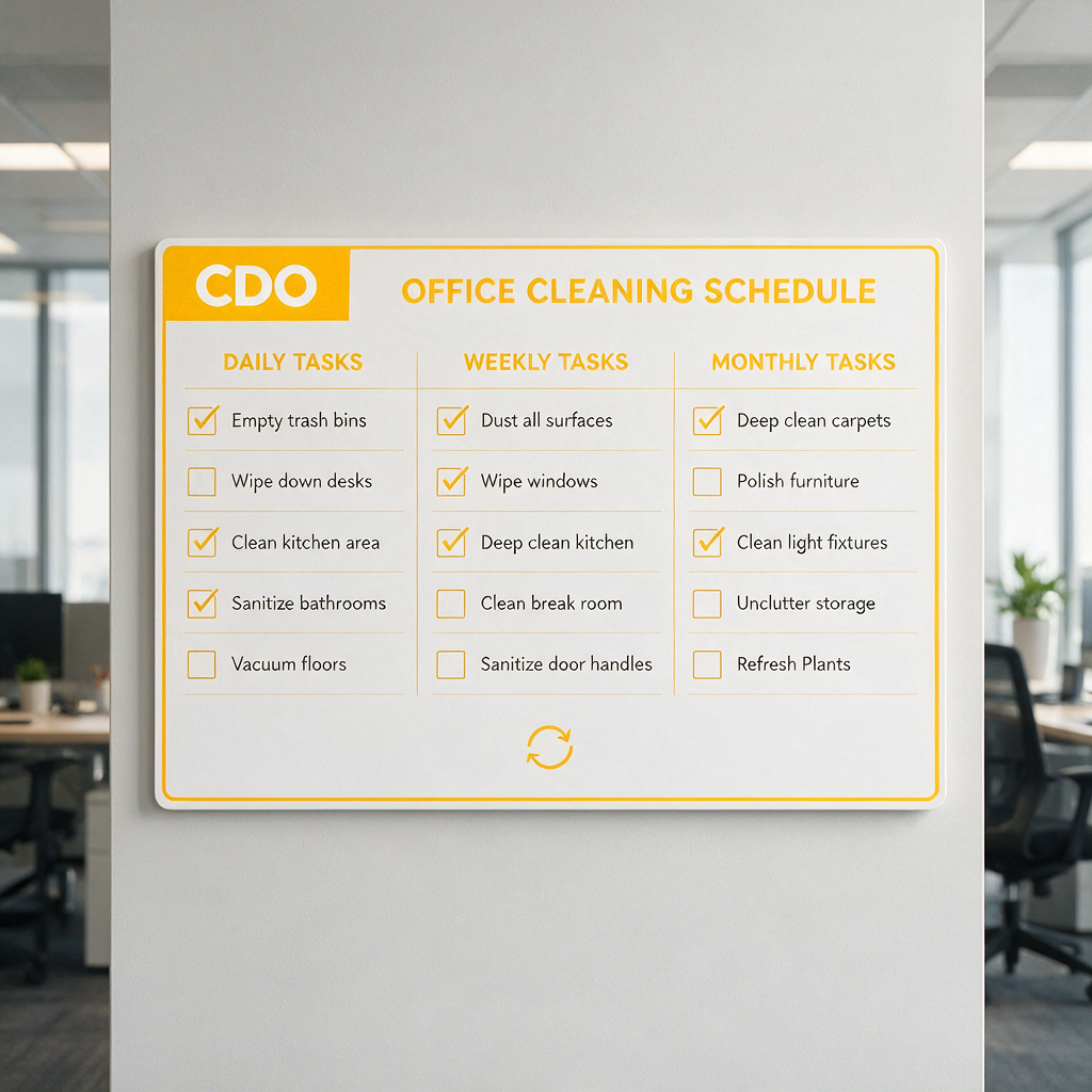 A wall-mounted office cleaning schedule board with checkboxes for daily, weekly, and monthly tasks in a modern CDO office setting