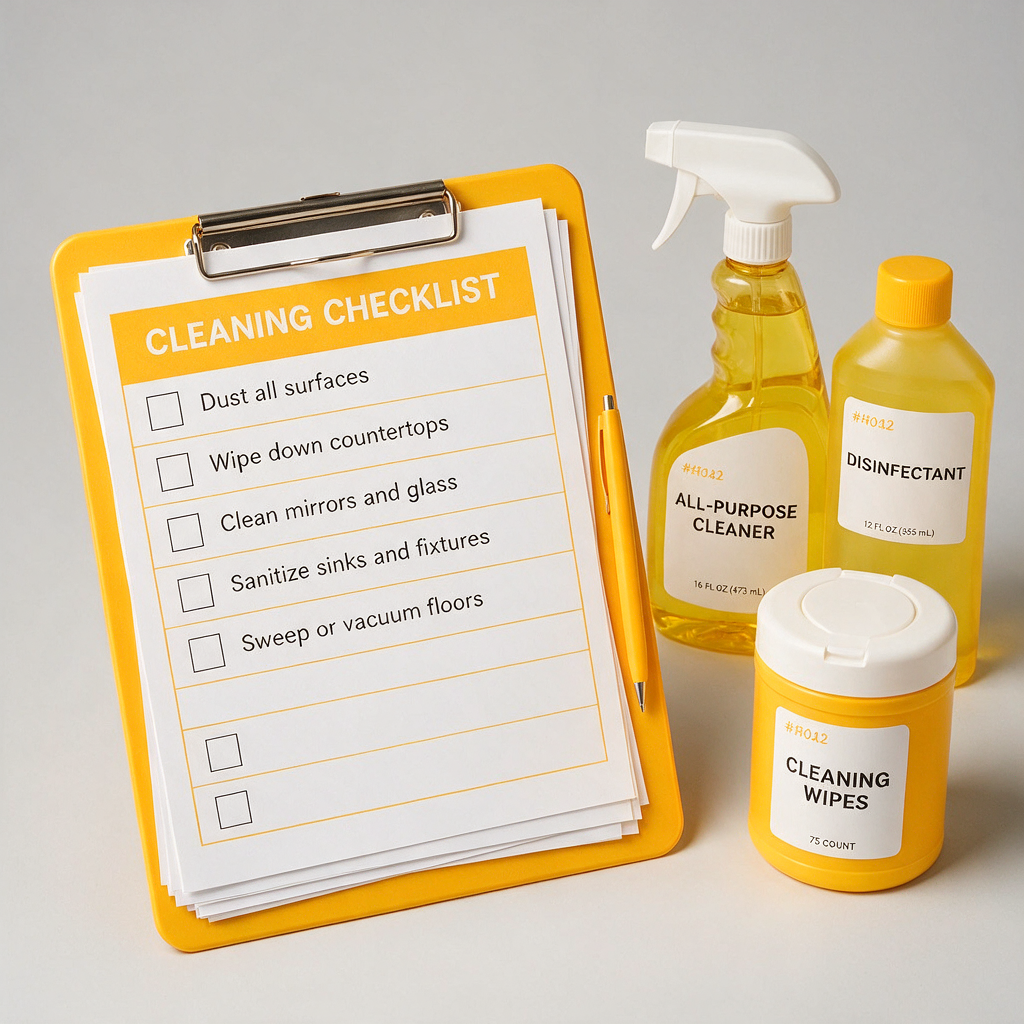 A neat stack of printed cleaning checklist forms on a clipboard with a pen, next to labeled cleaning supplies