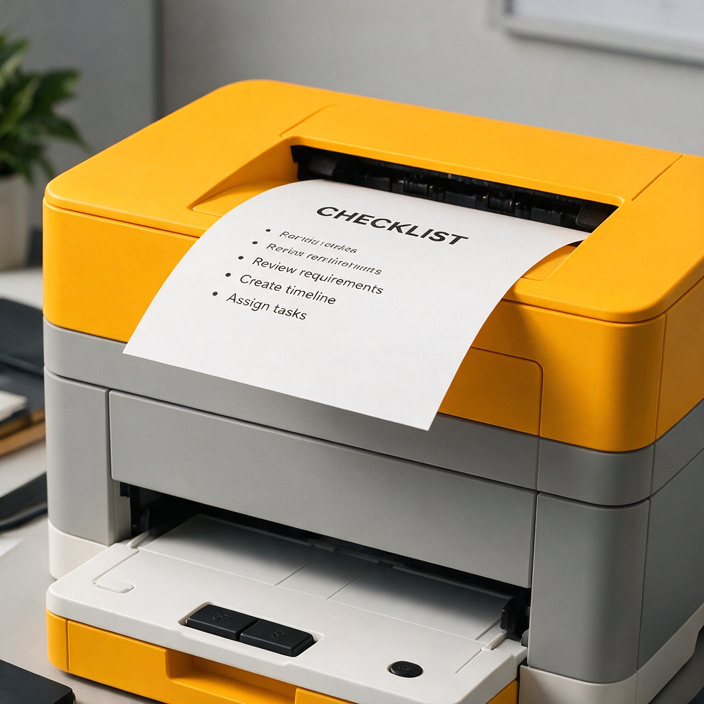 A printer producing a checklist page, with a minimal office background and professional lighting