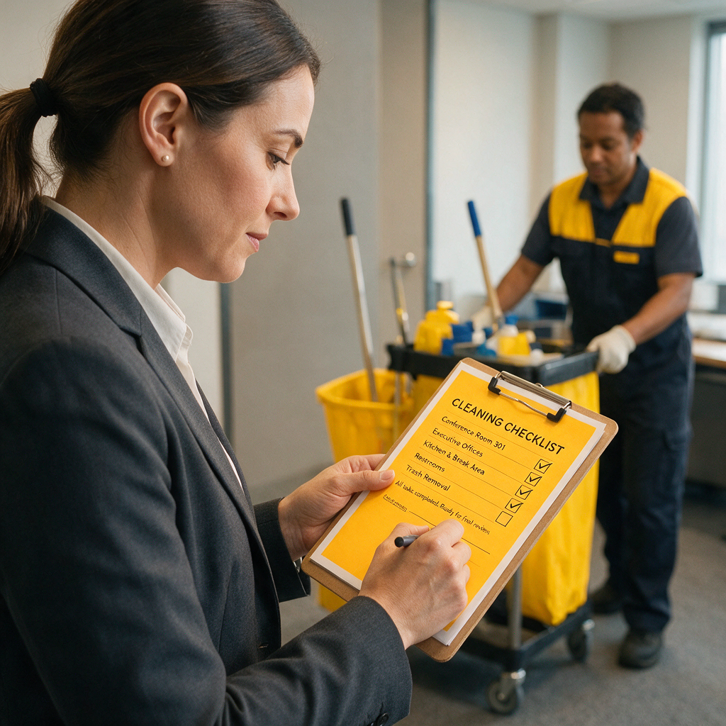 An office manager reviewing a completed cleaning checklist while a cleaner wheels a cart in the background