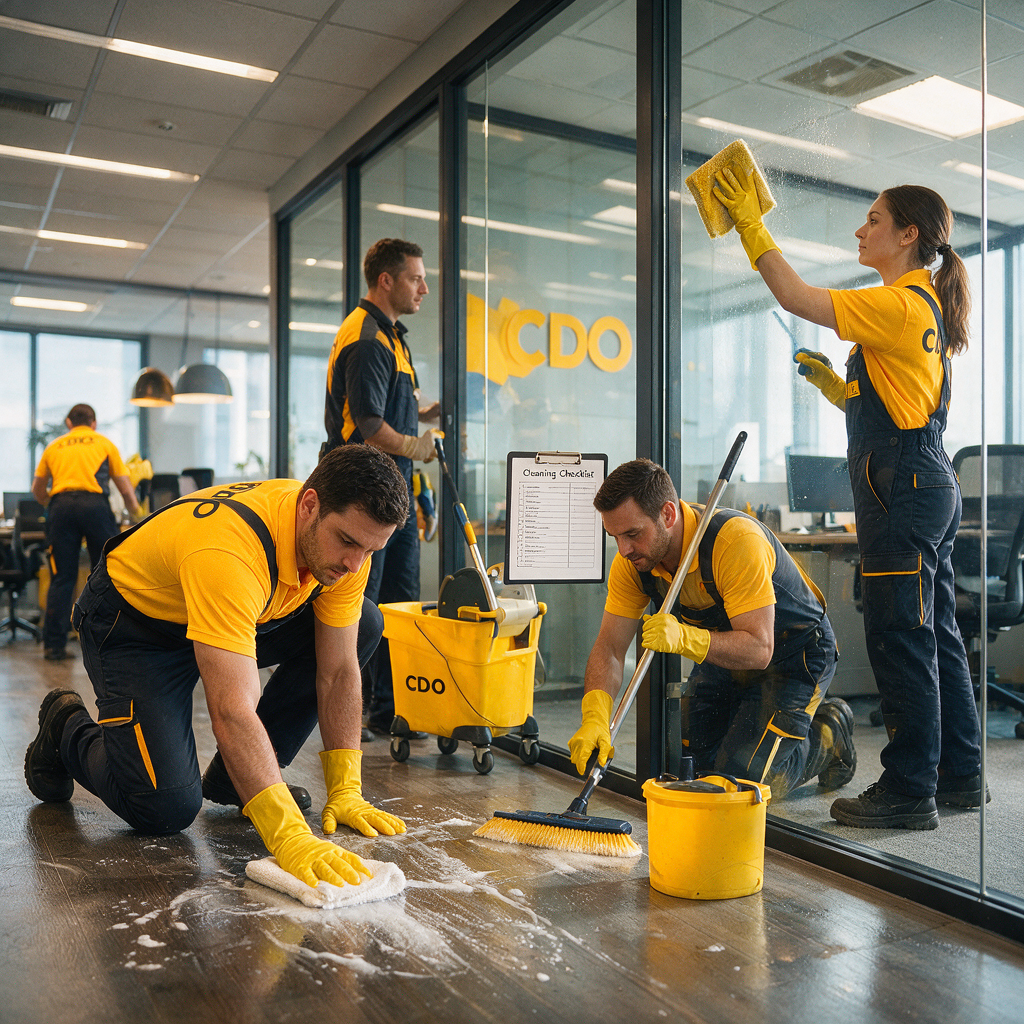 A uniformed professional cleaning team in a CDO office performing detailed floor and glass cleaning, with checklists on a clipboard