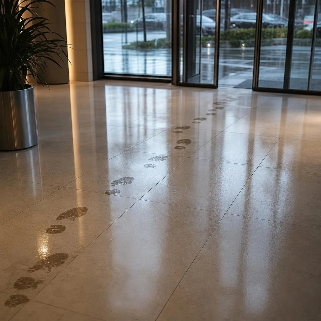 Wet footprints tracking across a glossy tile lobby floor near an entrance on a rainy afternoon