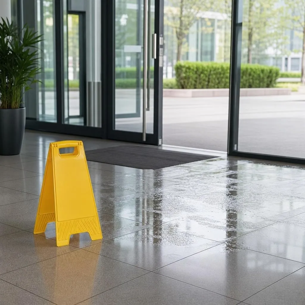 Yellow caution sign placed at a building entrance with a visible wet tile area nearby