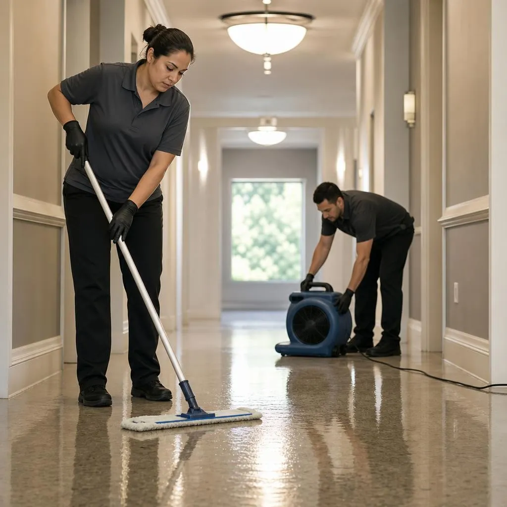Cleaner using a microfiber flat mop to dry a wet hallway floor while another sets up an air mover