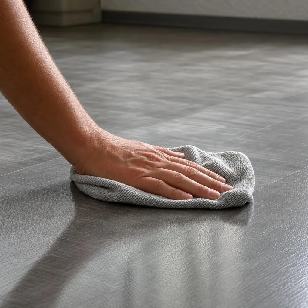 A hand wiping a glossy vinyl floor with a microfiber cloth showing a slight haze