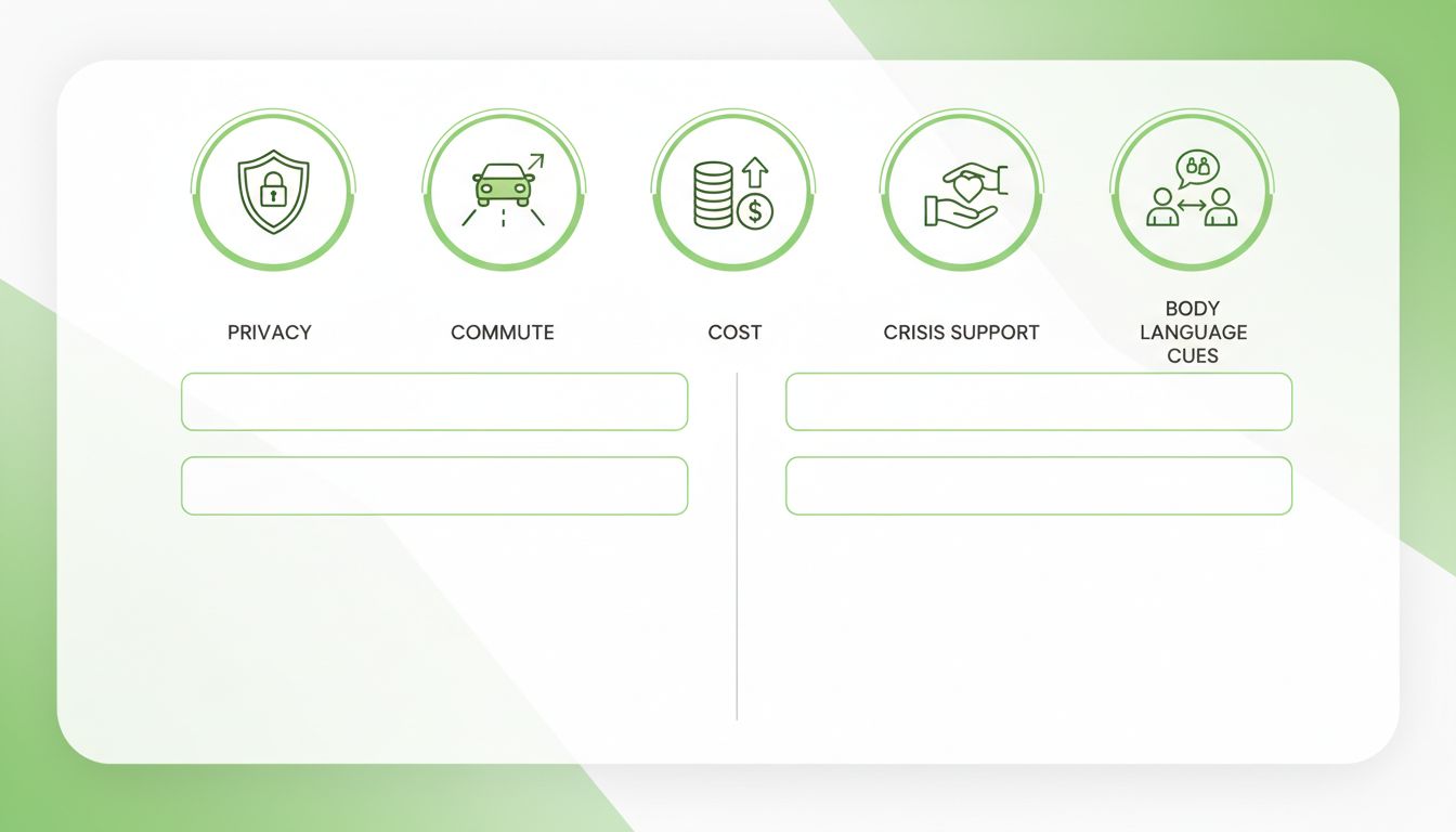A clean professional comparison chart background with icons for privacy, commute, cost, crisis support, and body language cues