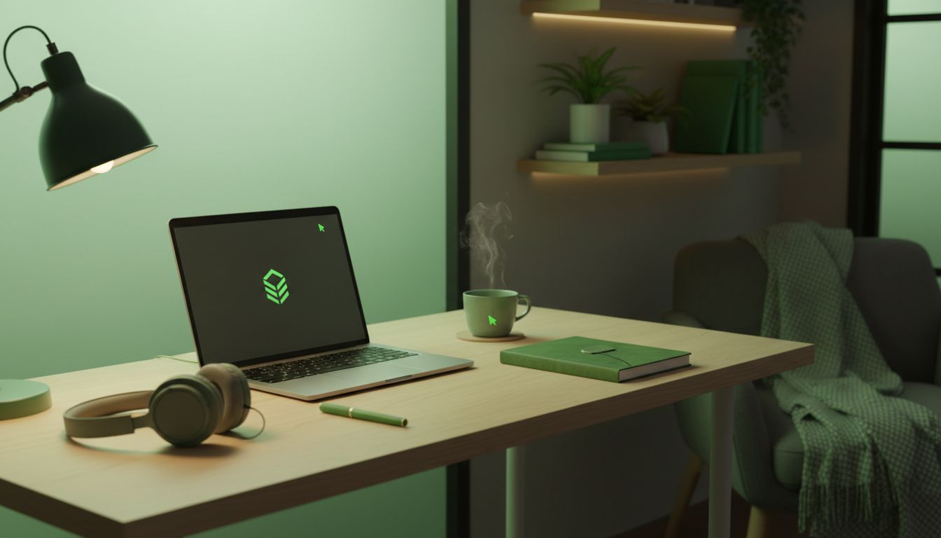 A professional photo of a calm home setup: laptop on a desk, headphones, notebook, warm lighting, discreet and tidy