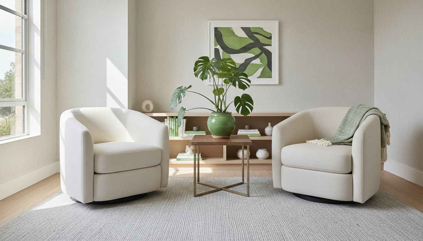 A high-quality therapy office scene: comfortable chairs, soft neutral decor, a plant, natural light, professional ambiance